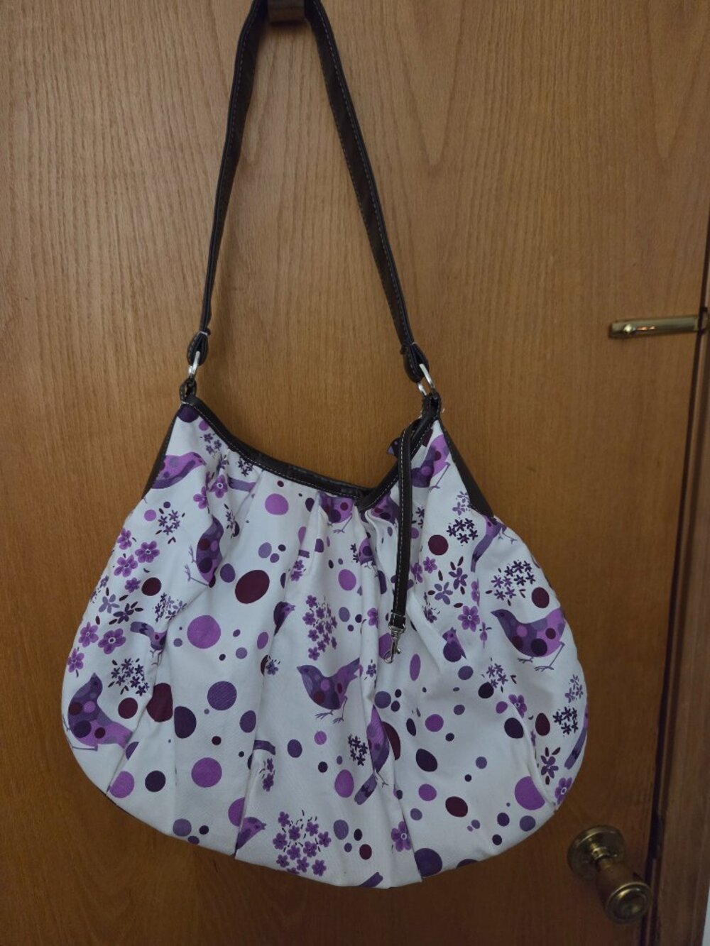 cacharel shoulder bag white with purple bird pattern brown trim